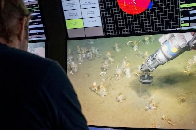 In December 2025, Brett Baker led a research cruise to collect microbial genomes off the coast of Uruguay. In this photo, Tyler Smith pilots a remotely operated vehicle collecting shallow coastal sediments