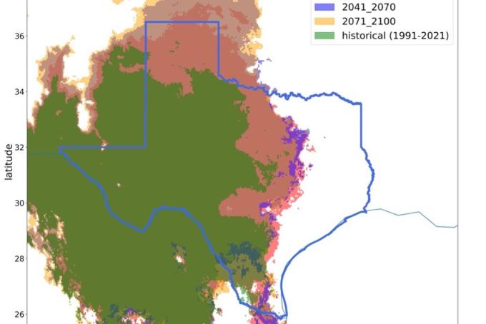 , shows the predicted historical (1991-2020) and future climate suitability distributions of Triatoma rubida, a species of kissing bug present in Texas